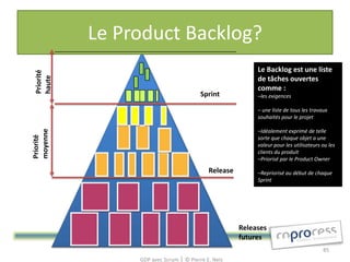Le Product Backlog?
                                                           Le Backlog est une liste
 Priorité
 haute


                                                           de tâches ouvertes
                                                           comme :
                                         Sprint            –les exigences

                                                           – une liste de tous les travaux
                                                           souhaités pour le projet

                                                           –Idéalement exprimé de telle
moyenne
Priorité




                                                           sorte que chaque objet a une
                                                           valeur pour les utilisateurs ou les
                                                           clients du produit
                                                           –Priorisé par le Product Owner

                                            Release        –Repriorisé au début de chaque
                                                           Sprint




                                                      Releases
                                                      futures
                                                                                        85
                 GDP avec Scrum │ © Pierre E. Neis
 