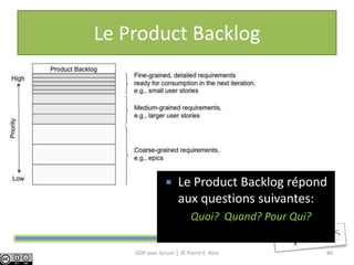 Le Product Backlog




                   Le Product Backlog répond
                    aux questions suivantes:
                         Quoi? Quand? Pour Qui?

    GDP avec Scrum │ © Pierre E. Neis             86
 