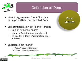 Estimation Meeting- Préparation du Sprint Planning- Estimation formelle- Passez au moins deux réunions par Sprint- Estimeruniquementsur la taille et le tempsGDP avec Scrum │ © Pierre E. Neis> Input pour Release Planning95