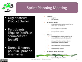 Sprint Burn-down ChartsLe Sprint Burn-down chart montrecombien d'efforts a été déployé en travaillant sur la tâche contenue dans le  Sprint BacklogEt compare cela à la depenseidéaleLe tableau donne une tendance qui indique si l'équipe est susceptible de respecter son engagement (indicateur avancé)91GDP avec Scrum │ © Pierre E. Neis