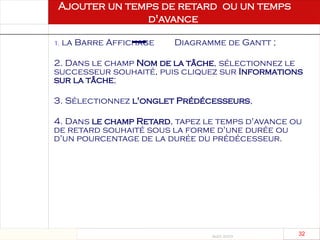 Août 2003
32 32
Ajouter un temps de retard ou un temps
d'avance
1. la Barre Affichage Diagramme de Gantt ;
2. Dans le champ Nom de la tâche, sélectionnez le
successeur souhaité, puis cliquez sur Informations
sur la tâche;
3. Sélectionnez l'onglet Prédécesseurs,
4. Dans le champ Retard, tapez le temps d'avance ou
de retard souhaité sous la forme d'une durée ou
d'un pourcentage de la durée du prédécesseur.
 