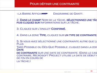 Août 2003
35 35
Pour définir une contrainte
1.la Barre Affichage Diagramme de Gantt.
2. Dans le champ Nom de la tâche, sélectionnez une tâc
puis cliquez sur Informations sur la tâche.
3. Cliquez sur l'onglet Confirmé.
4. Dans la zone Type, cliquez sur un type de contrainte.
5. Si vous avez sélectionné une contrainte autre que Le
Plus
Tard Possible ou Dès Que Possible, cliquez dans la zon
Date
de contrainte sur une date de contrainte. (Dans le cas
contraire, Microsoft Project utilise la date de début o
de fin en cours de
la tâche.)
 