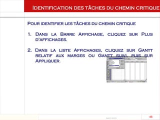 Août 2003
46 46
Identification des tâches du chemin critique
Pour identifier les tâches du chemin critique
1. Dans la Barre Affichage, cliquez sur Plus
d'affichages.
2. Dans la liste Affichages, cliquez sur Gantt
relatif aux marges ou Gantt suivi, puis sur
Appliquer.
 