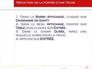 Août 2003
53 53
Réduction de la portée d'une tâche
1. Dans la Barre Affichage, cliquez sur
Diagramme de Gantt
2. Dans le menu Affichage, pointez sur
Table, puis cliquez sur Entrée.
3. Dans le champ Durée, tapez une
nouvelle durée pour la tâche.
4. Appuyez sur ENTRÉE.
 