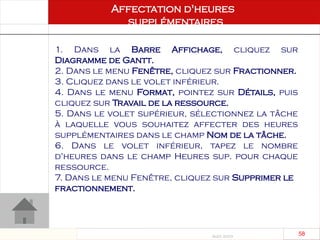 Août 2003
58 58
1. Dans la Barre Affichage, cliquez sur
Diagramme de Gantt.
2. Dans le menu Fenêtre, cliquez sur Fractionner.
3. Cliquez dans le volet inférieur.
4. Dans le menu Format, pointez sur Détails, puis
cliquez sur Travail de la ressource.
5. Dans le volet supérieur, sélectionnez la tâche
à laquelle vous souhaitez affecter des heures
supplémentaires dans le champ Nom de la tâche.
6. Dans le volet inférieur, tapez le nombre
d'heures dans le champ Heures sup. pour chaque
ressource.
7. Dans le menu Fenêtre, cliquez sur Supprimer le
fractionnement.
Affectation d'heures
supplémentaires
 
