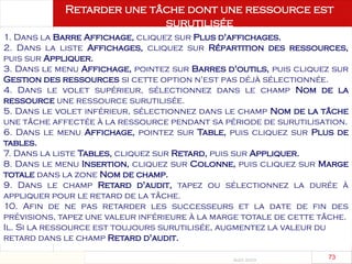 Août 2003
73 73
1. Dans la Barre Affichage, cliquez sur Plus d'affichages.
2. Dans la liste Affichages, cliquez sur Répartition des ressources,
puis sur Appliquer.
3. Dans le menu Affichage, pointez sur Barres d'outils, puis cliquez sur
Gestion des ressources si cette option n'est pas déjà sélectionnée.
4. Dans le volet supérieur, sélectionnez dans le champ Nom de la
ressource une ressource surutilisée.
5. Dans le volet inférieur, sélectionnez dans le champ Nom de la tâche
une tâche affectée à la ressource pendant sa période de surutilisation.
6. Dans le menu Affichage, pointez sur Table, puis cliquez sur Plus de
tables.
7. Dans la liste Tables, cliquez sur Retard, puis sur Appliquer.
8. Dans le menu Insertion, cliquez sur Colonne, puis cliquez sur Marge
totale dans la zone Nom de champ.
9. Dans le champ Retard d'audit, tapez ou sélectionnez la durée à
appliquer pour le retard de la tâche.
10. Afin de ne pas retarder les successeurs et la date de fin des
prévisions, tapez une valeur inférieure à la marge totale de cette tâche.
Il. Si la ressource est toujours surutilisée, augmentez la valeur du
retard dans le champ Retard d'audit.
Retarder une tâche dont une ressource est
surutilisée
 