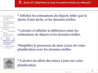 Août 2003
8 8
5. Suivi et Gestion d’une planification du projet;
1. Qu’est-ce que
la gestion de
projet ?.
2. Les phases de
la gestion de
projet:
3. Définition d’un
projet ;
4. Création
d’une
planification
du projet ;
5. Suivi et
Gestion d’une
planification
du projet;
6. Achèvement
d’un projet
• Afficher les estimations de départ, telles que la
durée d'une tâche, et les données réelles.
• Calculer et afficher la différence entre les
estimations de départ et les données réelles.
•Simplifier le processus de mise à jour de votre
planification avec les données réelles.
•·Calculer les effets des mises à jour sur votre
planification.
 
