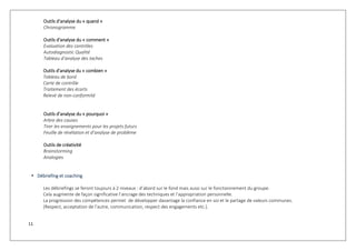 11
Outils d’analyse du « quand »
Chronogramme
Outils d’analyse du « comment »
Evaluation des contrôles
Autodiagnostic Qualité
Tableau d’analyse des taches
Outils d’analyse du « combien »
Tableau de bord
Carte de contrôle
Traitement des écarts
Relevé de non-conformité
Outils d’analyse du « pourquoi »
Arbre des causes
Tirer les enseignements pour les projets futurs
Feuille de révélation et d’analyse de problème
Outils de créativité
Brainstorming
Analogies
 Débriefing et coaching
Les débriefings se feront toujours à 2 niveaux : d’abord sur le fond mais aussi sur le fonctionnement du groupe.
Cela augmente de façon significative l’ancrage des techniques et l’appropriation personnelle.
La progression des compétences permet de développer davantage la confiance en soi et le partage de valeurs communes.
(Respect, acceptation de l’autre, communication, respect des engagements etc.).
 
