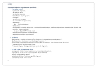 9
ANNEXE
Exemples de questions pour développer la réflexion :
 Pourquoi ce projet ?
Synthèse du diagnostic
Les objectifs, le but
Les résultats attendus
Votre “vision” du changement
Comment ?
Les différents scénarios
Les contraintes, les opportunités
La faisabilité
« Quoi » : Contenu du projet
Etat des lieux.
Recensement et collecte de tout type d’informations nécessaire à la mise en œuvre. Plusieurs problématiques peuvent être
explorées dans cette étape
« Pourquoi » Objectifs/finalités du projet
Quels dysfonctionnements ont été identifiés ?
Quelles évolutions sont souhaitables ?
 Les Acteurs
Quels sont les « modèles culturels » et les« Systèmes d’action » présents chez les acteurs ?
Quelles sont les « résistances » manifestées par les acteurs ?
Quels sont les comportements à promouvoir pour être en cohérence avec les facteurs clés de succès ?
L’analyse culturelle des relations de travail
L’analyse stratégique des organisations, au service du diagnostic.
 En final : Passer du diagnostic a l’action
Le diagnostic: état des lieux et hypothèses sur les stratégies des acteurs
Le projet: son pourquoi, son but, ses objectifs, et son comment
Le choix du plan d’action retenu
La validation du plan d’action au regard du diagnostic
La mise en œuvre du plan d’action
 