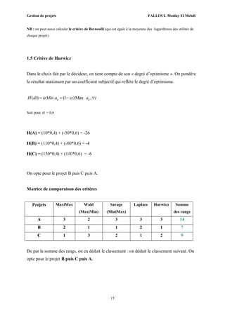 Gestion de projets FALLOUL Moulay El Mehdi
15
NB : on peut aussi calculer le critère de Bernoulli (qui est égale à la moyenne des logarithmes des utilités de
chaque projet).
1.5 Critère de Hurwicz
Dans le choix fait par le décideur, on tient compte de son « degré d’optimisme ». On pondère
le résultat maximum par un coefficient subjectif qui reflète le degré d’optimisme.
( ) (1 )Max ,ij ijH di Min a a i    
Soit pour  = 0,6
H(A) = (10*0,4) + (-50*0,6) = -26
H(B) = (110*0,4) + (-80*0,6) = -4
H(C) = (150*0,4) + (110*0,6) = -6
On opte pour le projet B puis C puis A.
Matrice de comparaison des critères
Projets MaxiMax Wald
(MaxiMin)
Savage
(MiniMax)
Laplace Hurwicz Somme
des rangs
A 3 2 3 3 3 14
B 2 1 1 2 1 7
C 1 3 2 1 2 9
De par la somme des rangs, on en déduit le classement : on déduit le classement suivant. On
opte pour le projet B puis C puis A.
 