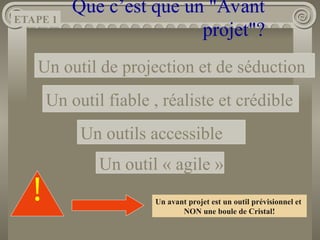 Que c’est que un "Avant
projet"?
Un outil de projection et de séduction
Un outil fiable , réaliste et crédible
Un outils accessible
Un outil « agile »
Un avant projet est un outil prévisionnel et
NON une boule de Cristal!
!
ETAPE 1
 