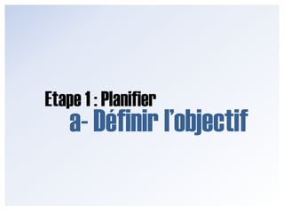 Etape 1 : Planifier,[object Object],a- Définir l’objectif,[object Object]