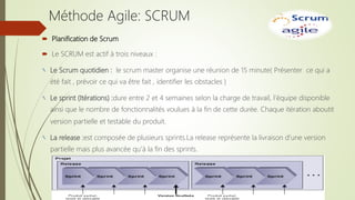  Planification de Scrum
 Le SCRUM est actif à trois niveaux :
Le Scrum quotidien : le scrum master organise une réunion de 15 minute( Présenter ce qui a
été fait , prévoir ce qui va être fait , identifier les obstacles )
Le sprint (Itérations) :dure entre 2 et 4 semaines selon la charge de travail, l’équipe disponible
ainsi que le nombre de fonctionnalités voulues à la fin de cette durée. Chaque itération aboutit
version partielle et testable du produit.
La release :est composée de plusieurs sprints.La release représente la livraison d’une version
partielle mais plus avancée qu’à la fin des sprints.
Méthode Agile: SCRUM
 
