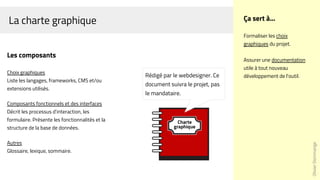 La charte graphique
OlivierDommange
Ça sert à...
Formaliser les choix
graphiques du projet.
Assurer une documentation
utile à tout nouveau
développement de l'outil.Rédigé par le webdesigner. Ce
document suivra le projet, pas
le mandataire.
Les composants
Choix graphiques
Liste les langages, frameworks, CMS et/ou
extensions utilisés.
Composants fonctionnels et des interfaces
Décrit les processus d'interaction, les
formulaire. Présente les fonctionnalités et la
structure de la base de données.
Autres
Glossaire, lexique, sommaire.
 