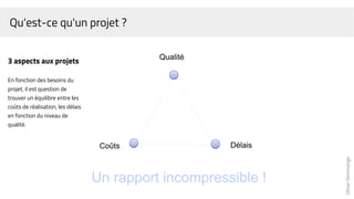 OlivierDommange
Délais
Qualité
Coûts
Un rapport incompressible !
3 aspects aux projets
En fonction des besoins du
projet, il est question de
trouver un équilibre entre les
coûts de réalisation, les délais
en fonction du niveau de
qualité.
Qu'est-ce qu'un projet ?
 