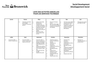 Janvier Février
 Préparation des feuilles
pour le budget
d’opération du prochain
exercice.
Mars
 Inspection Non-Profit
 Demande pour
l’embauche des
employés occasionnels
au secteur de l’entretien.
 Préparation des feuilles
pour les tests d’eau
 Révision des contrats de
vidange.
 Révision du contrat
d’extermination (Pest
Control)
Avril
 Rencontre Technique
Fre’ton
 M&I HA et RNH budget
 Test d’eau de puits (RNH)
 Évaluation de rendement
des employés
Mai
 Test d’eau de puits (RNH)
 Inspection des Systèmes
de traitement « UV »
 Inspection du système de
sprinkler Place Simard –
(Envoyer une copie à
Mike Mallery)
Juin
 Préparation des contrats
pour M&I HA et RNH
Juillet
 Construction M&I - A
contrat et propre force
Août
 Construction M&I – A
contrat et propre force
 Inspection Non-profit
Septembre
 Construction M&I - A
contrat et propre force
 Vidange Fosse Septique
 Préparation des appels
d’offre déblaiement de
neige
 Inspection des systèmes
d’alarme des projets # 4,
9, 32, 33, 86, 92, 130 &
143
 Préparation de la liste
des M&I
 Inspection Non-profit
Octobre
 Vérification Alarme à
fumée et remplacement
des piles
 Vérification des
extincteurs
 Inspection &
remplacement des filtres
de fournaises
 Nettoyage des filtres
HRV
 Rangement des
balançoires et autre
accessoire estival
 Préparation de la liste
des M&I
 Inspection Non-Profit
Novembre
 Vérification des
extincteurs
 Inspection &
remplacement des filtres
de fournaises
 Nettoyage des filtres
HRV
 Inspection du système de
sprinkler Place Simard –
(Envoyer une copie à
Mike Mallery)
 Entretien des soulfleuses,
etc
 Inspection Non-Profit
Décembre
 Vérification du
« Backflow preventor » à
la Place Simard.
LISTE DES ACTIVITÉS ANNUELLES
POUR LES SERVICES TECHNIQUE
Social Development
Développement Social
 