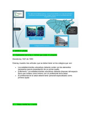 6. MARCO LEGAL 
6.1 Explicación de la ley o normal que avala mi proyecto 
Decreto ley 1421 de 1993 
Esta ley muestra tres artículos que se deben tener en los colegios que son: 
 Los establecimientos educativos deberán contar con los elementos 
necesarios para la presentación de un primer auxilio 
 Enfermería: Los establecimientos educativos deberán disponer del espacio 
físico que contara como mínimo con un profesional de la salud. 
 El profesional de la salud deberá tener personal especializado como 
primera ayuda 
6.1.1 Mapa mental ley o norma 
 
