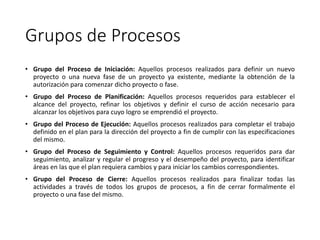 Grupos de Procesos
• Grupo del Proceso de Iniciación: Aquellos procesos realizados para definir un nuevo
proyecto o una nueva fase de un proyecto ya existente, mediante la obtención de la
autorización para comenzar dicho proyecto o fase.
• Grupo del Proceso de Planificación: Aquellos procesos requeridos para establecer el
alcance del proyecto, refinar los objetivos y definir el curso de acción necesario para
alcanzar los objetivos para cuyo logro se emprendió el proyecto.
• Grupo del Proceso de Ejecución: Aquellos procesos realizados para completar el trabajo
definido en el plan para la dirección del proyecto a fin de cumplir con las especificaciones
del mismo.
• Grupo del Proceso de Seguimiento y Control: Aquellos procesos requeridos para dar
seguimiento, analizar y regular el progreso y el desempeño del proyecto, para identificar
áreas en las que el plan requiera cambios y para iniciar los cambios correspondientes.
• Grupo del Proceso de Cierre: Aquellos procesos realizados para finalizar todas las
actividades a través de todos los grupos de procesos, a fin de cerrar formalmente el
proyecto o una fase del mismo.
 