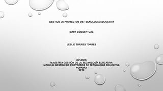 GESTION DE PROYECTOS DE TECNOLOGIA EDUCATIVA
MAPA CONCEPTUAL
LESLIE TORRES TORRES
CVUDES
MAESTRÍA GESTIÓN DE LA TECNOLOGÍA EDUCATIVA
MODULO GESTION DE PROYECTOS DE TECNOLOGIA EDUCATIVA
POPAYAN
2016
 