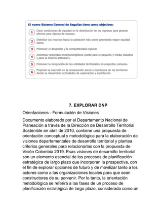 7. EXPLORAR DNP
Orientaciones - Formulación de Visiones
Documento elaborado por el Departamento Nacional de
Planeación a través de la Dirección de Desarrollo Territorial
Sostenible en abril de 2010, contiene una propuesta de
orientación conceptual y metodológica para la elaboración de
visiones departamentales de desarrollo territorial y plantea
criterios generales para relacionarlas con la propuesta de
Visión Colombia 2019. Esas visiones de desarrollo territorial
son un elemento esencial de los procesos de planificación
estratégica de largo plazo que incorporan la prospectiva, con
el fin de explorar opciones de futuro y de movilizar tanto a los
actores como a las organizaciones locales para que sean
constructores de su porvenir. Por lo tanto, la orientación
metodológica se referirá a las fases de un proceso de
planificación estratégica de largo plazo, considerado como un
 
