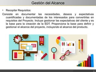 Gestión del Alcance
• Recopilar Requisitos:
Consiste en documentar las necesidades, deseos y expectativas
cuantificadas y documentadas de los interesados para convertirlas en
requisitos del Proyecto. Incluye gestionar las expectativas del cliente y es
la base para la creación de la EDT. Proporciona la base para definir y
gestionar el alcance del proyecto, incluyendo el alcance del producto.
10
 