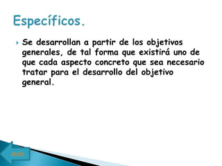    Se desarrollan a partir de los objetivos
     generales, de tal forma que existirá uno de
     que cada aspecto concreto que sea necesario
     tratar para el desarrollo del objetivo
     general.




atrás
 