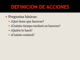  Preguntas básicas:
 ¿Qué tiene que hacerse?
 ¿Cuánto tiempo tardará en hacerse?
 ¿Quién lo hará?
 ¿Cuánto costará?
 