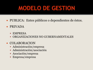  PUBLICA: Entes públicos o dependientes de éstos.
 PRIVADA
 EMPRESA
 ORGANIZACIONES NO GUBERNAMENTALES
 COLABORACION
 Administración/empresa
 Administración/asociación
 Asociación/empresa
 Empresa/empresa
 