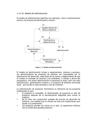 7
1.1.3 El Modelo de Administración
El modelo de administración identifica las relacionas entre la administración
misma y los procesos de planificación y control.
Establecimiento de
Metas y Objetivos
Interpretacion y
Reacción
Planificación y
Replanificación
Comparación con
Estándares
Administración
(1)
(5)
(4)
(3)
(2)
Figura 1.1: Modelo de Administración
El modelo de administración incluye a organizaciones, sistemas y personas.
Los administradores de proyectos de software son responsables por la
planificación del desarrollo, supervisión de las tareas y aseguramiento de que
el trabajo es realizado de acuerdo a los estándares, a tiempo y dentro del
presupuesto. Una buena administración no garantiza el éxito, pero una mala
administración generalmente conlleva a un producto de Software terminado
tarde, que excede el costo estimado y caro de mantener.
La administración de proyectos informáticos se diferencia de los proyectos
tradicionales en que:
El producto es intangible. El administrador de proyectos (o Jefe de
proyecto) depende de la documentación disponible para revisar el
progreso.
No se tiene aún comprensión acabada del proceso de desarrollo de
Software. Los modelos que se utilizan son sólo una simplificación para
ayudar a la comprensión.
Los proyectos grandes son únicos en su tipo. La experiencia histórica
casi no existe para grandes proyectos.
 