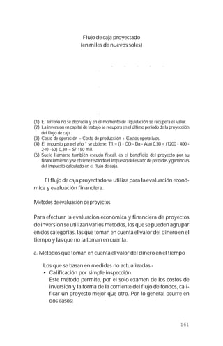 161
Flujo de caja proyectado
(en miles de nuevos soles)
(1) El terreno no se deprecia y en el momento de liquidación se recupera el valor.
(2) La inversión en capital de trabajo se recupera en el último período de la proyección
del flujo de caja.
(3) Costo de operación = Costo de producción + Gastos operativos.
(4) El impuesto para el año 1 se obtiene: T1 = (I - CO - Da - Aia) 0,30 = (1200 - 400 -
240 -60) 0,30 = S/ 150 mil.
(5) Suele llamarse también escudo fiscal, es el beneficio del proyecto por su
financiamiento y se obtiene restando el impuesto del estado de pérdidas y ganancias
del impuesto calculado en el flujo de caja.
El flujo de caja proyectado se utiliza para la evaluación econó-
mica y evaluación financiera.
Métodos de evaluación de proyectos
Para efectuar la evaluación económica y financiera de proyectos
de inversión se utilizan varios métodos, los que se pueden agrupar
en dos categorías, las que toman en cuenta el valor del dinero en el
tiempo y las que no la toman en cuenta.
a. Métodos que toman en cuenta el valor del dinero en el tiempo
Los que se basan en medidas no actualizadas.-
• Calificación por simple inspección.
Este método permite, por el solo examen de los costos de
inversión y la forma de la corriente del flujo de fondos, cali-
ficar un proyecto mejor que otro. Por lo general ocurre en
dos casos:
.
. . . . .
.
.
 