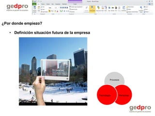 ¿Por donde empiezo?

   • Definición situación futura de la empresa




                                                          Procesos




                                                 Tecnología          Personas
 