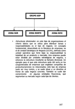 Estructuras divisionales: en este tipo de organizaciones el
criterio básico que se utiliza para distribuir tareas y
responsabilidades es el tipo de negocio. Un concepto
fundamental, desarrollado en la literatura de empresas, es
el de Unidad Estratégica de Negocio (U.E.N.), definida como
unidad operativa que tiene bajo su responsabilidad la
totalidad de un producto o mercado. Una empresa puede
estar dividida por unidades estratégicas de negocio, y
entonces la estructura resultante se llamaría divisional. Un
ejemplo para el que esta estructura sería útil sería en los
conglomerados de empresas que engloban compañías de
productos/servicios no relacionados; este tipo de empresa
suele ser muy común, y se suele situar a un directivo al
frente de cada negocio concreto. También se suele dar
comúnmente en algunas entidades financieras, que
segmentan su mercado según cada tipo de clientes.
107
 