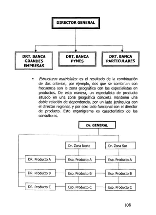 DIRECTOR GENERAL
DRT. BANCA
GRANDES
EMPRESAS
DRT. BANCA
PYMES
DRT. BANCA
PARTICULARES
Estructuras matriciales. es el resultado de la combinación
de dos criterios, por ejemplo, dos que se combinan con
frecuencia son la zona geográfica con los especialistas en
productos. De esta manera, un especialista de producto
situado en una zona geográfica concreta mantiene una
doble relación de dependencia, por un lado jerárquica con
el director regional, y por otro lado funcional con el director
de producto. Este organigrama es característico de las
consultoras.
DR. Producto A
DR. Producto B
DR. Producto C
Dr. GENERAL
Dr. Zona Norte
Esp. Producto A
Esp. Producto B
Esp. Producto C
Dr. Zona Sur
Esp. Producto A
Esp. Producto B
Esp. Producto C
108
 