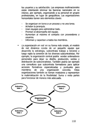 los usuarios y su satisfacción. Las empresas multinacionales
están intentando eliminar las barreras nacionales en su
interior, por ejemplo, organizando a su personal en grupos
profesionales, en lugar de geográficos. Las organizaciones
horizontales tienen seis elementos claves:
Se organizan en torno a un proceso y no una tarea.
- Achatan la jerarquía.
Usan equipos para administrar todo.
Premian el desempeño del equipo.
Aumentan al máximo el contacto con proveedores y
usuarios.
Informan y capacitan a todos los miembros.
La organización en red. en su forma más simple, el modelo
de red dinámica consta de un pequeño equipo que
desarrolla la estrategia, subcontrata trabajo a terceros y
luego vigila la conexión de los diversos subcontratistas. Por
ejemplo, la organización central podría vender ordenadores
personales para dejar su diseño, producción, ventas y
distribución de subcontratistas. También podría ser ejemplo
una consultora que subcontrata formadores para aplicar
acciones formativas especializadas y puntuales para
miembros de una organización concreta. Estas
organizaciones también se llaman modulares y representan
la materialización de la flexibilidad. Suma o resta partes
para funcionar de manera más adecuada.
110
 
