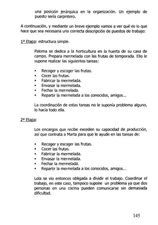 una posición jerárquica en la organización. Un ejemplo de
puesto sería carpintero.
A continuación, y mediante un breve ejemplo vamos a ver qué es lo que
hace que sea necesaria una correcta descripción de puestos de trabajo:
I a
Etapa: estructura simple.
Paloma se dedica a la horticultura en la huerta de su casa de
campo. Prepara mermelada con las frutas de temporada. Ello le
supone realizar las siguientes tareas:
• Recoger y escoger las frutas.
• Cocer las frutas.
• Fabricar la mermelada.
• Envasar ta mermelada.
• Fechar la mermelada.
• Repartir la mermelada a los conocidos, amigos...
La coordinación de estas tareas no le suponía problema alguno,
lo hacía todo ella.
Los encargos que recibe exceden su capacidad de producción,
así que contrata a Marta para que le ayude en las tareas de:
• Recoger y escoger las frutas.
• Cocer las frutas.
• Fabricar la mermelada.
• Envasar la mermelada.
• Fechar la mermelada.
• Repartir la mermelada a los conocidos, amigos...
Lola se vio entonces obligada a dividir el trabajo. Coordinar el
trabajo, en este caso, tampoco supone un problema ya que dos
personas en una cocina pueden comunicarse sin demasiada
dificultad.
145
 