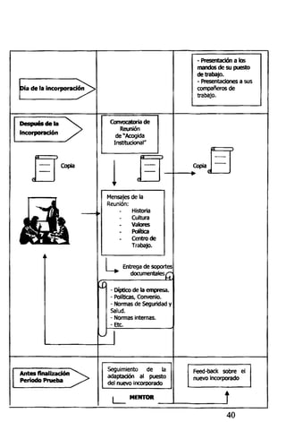 Día de la incorporación
- Presentación a los
mandos de su puesto
de trabajo.
- Presentaciones a sus
compañeros de
trabajo,
Después de la
incorporación
Copia
Convocatoria de
Reunión
de "Acogida
Institucional"
I Copia
Mensajes de la
Reunión:
Historia
Cultura
Valores
Política
Centrode
Trabajo.
uEntrega de soportes
documentales/^
- Díptico de la empresa.
- Políticas, Convenio.
- Normas de Seguridad y
Salud.
- Normas internas.
-Etc.
Antes finalización
Periodo Prueba
Seguimiento de la
adaptación al puesto
del nuevo incorporado
Feed-back sobre el
nuevo incorporado
MENTOR
40
 