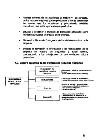 • Realizar informes de los accidentes de trabajo y, en concreto,
de los mortales o graves que se produzcan, a fin de determinar
las causas que los ocasionan y proponiendo medidas
correctoras para evitar que vuelvan a producirse.
• Estudiar y proponer el material de protección adecuados para
los distintos puestos de trabajo de la empresa.
• Elabora los Planes de Emergencia de los distintos centros de la
empresa.
• Imparte la formación e información a los trabajadores de la
empresa en materia de Seguridad y Salud laboral,
concienciando a los trabajadores de una verdadera cultura
preventiva.
4.3. Cuadro-resumen de las Políticas de Recursos Humanos
- Investigación y análisis del mercado de recursos
humanos.
- Dónde redutar (fuentes de reclutamiento).
SUMINISTRO
DE RECURSOS
HUMANOS
Investigación del
mercado de recursos
humanos
Reclutamiento
Selección
Integración
- Cómo redutar (técnicas de redutamíentD).
- Prioridad del reclutamiento extemo sobre el Memo.
- Criterios de selección y pautas de calidad.
- Grado de descentralización de las decisiones
sobre la selección del personal.
-Técnicas de selección.
- Flanes y mecanismos (centralizados
y descentratzarJos) de integración de los
nuevos participantes en el ambiente intem
de la Organización.
81
 