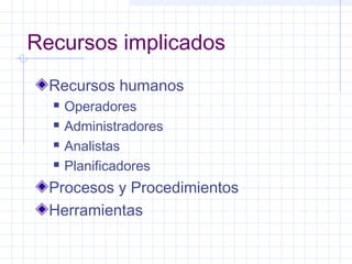 Recursos implicados 
Recursos humanos 
 Operadores 
 Administradores 
 Analistas 
 Planificadores 
Procesos y Procedimientos 
Herramientas 
 