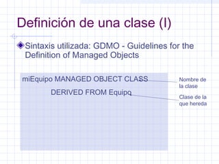 Definición de una clase (I) 
Sintaxis utilizada: GDMO - Guidelines for the 
Definition of Managed Objects 
miEquipo MANAGED OBJECT CLASS 
DERIVED FROM Equipo 
Nombre de 
la clase 
Clase de la 
que hereda 
 
