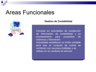 Areas Funcionales
                 Gestion de Contabilidad



          Consiste en actividades de recolección
          de información de contabilidad y su
          procesamiento para propósitos de
          cobranza y facturación.
          Actividades establecen un límite contable
          para que un conjunto de costos se
          combinen con recursos múltiples y se
          utilicen en un contexto de servicio.
 