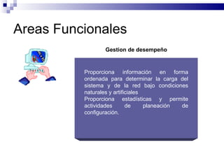 Areas Funcionales
                 Gestion de desempeño



          Proporciona información en forma
          ordenada para determinar la carga del
          sistema y de la red bajo condiciones
          naturales y artificiales
          Proporciona estadísticas y permite
          actividades       de     planeación de
          configuración.
 