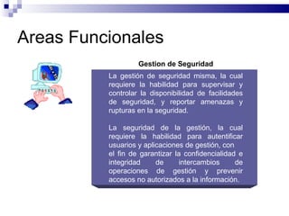 Areas Funcionales
                   Gestion de Seguridad
          La gestión de seguridad misma, la cual
          requiere la habilidad para supervisar y
          controlar la disponibilidad de facilidades
          de seguridad, y reportar amenazas y
          rupturas en la seguridad.

          La seguridad de la gestión, la cual
          requiere la habilidad para autentificar
          usuarios y aplicaciones de gestión, con
          el fin de garantizar la confidencialidad e
          integridad     de      intercambios     de
          operaciones de gestión y prevenir
          accesos no autorizados a la información.
 