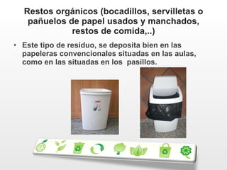 Restos orgánicos (bocadillos, servilletas o pañuelos de papel usados y manchados, restos de comida,..) Este tipo de residuo, se deposita bien en las papeleras convencionales situadas en las aulas, como en las situadas en los  pasillos.  