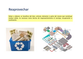Reaprovechar
Volver a obtener un beneficio del bien, artículo, elemento o parte del mismo que constituye
residuo sólido. Se reconoce como técnica de reaprovechamiento el reciclaje, recuperación o
reutilización.
 