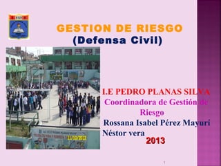 GESTION DE RIESGO
  (Defensa Civil)




      I.E PEDRO PLANAS SILVA
       Coordinadora de Gestión de
                Riesgo
      Rossana Isabel Pérez Mayurí
      Néstor vera
                  2013

                     1
 