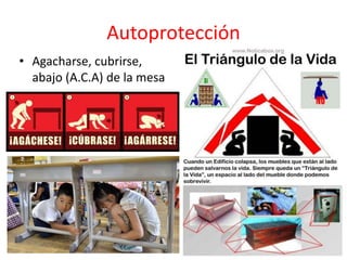 Autoprotección
• Agacharse, cubrirse,
abajo (A.C.A) de la mesa
 