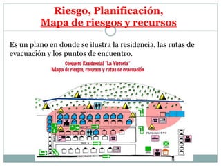 Riesgo, Planificación,
Mapa de riesgos y recursos
Es un plano en donde se ilustra la residencia, las rutas de
evacuación y los puntos de encuentro.
 