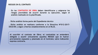 RIESGOS EN EL CONTRATO
- En los CONTRATOS DE OBRA deben identificarse y asignarse los
riesgos previsibles de ocurrir durante su ejecución, según el
análisis realizado en la planificado.
. Dicho análisis forma parte del Expediente técnico
. Dicho análisis se realizara conforme a la Directiva Nº012-2017-
OSCE/DE y según criterios establecimiento en el RLCE.
Al suscribir el contrato de Obra; el contratista se entenderá
obligado a asumir únicamente aquellos RIESGO que le fueron
previamente expuesto y plasmado en el Contrato; salvo indicación
expresa contraria.
 