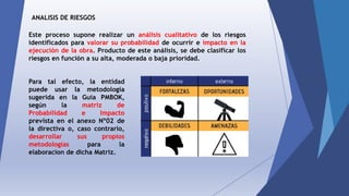 ANALISIS DE RIESGOS
Este proceso supone realizar un análisis cualitativo de los riesgos
identificados para valorar su probabilidad de ocurrir e impacto en la
ejecución de la obra. Producto de este análisis, se debe clasificar los
riesgos en función a su alta, moderada o baja prioridad.
Para tal efecto, la entidad
puede usar la metodología
sugerida en la Guía PMBOK,
según la matriz de
Probabilidad e Impacto
prevista en el anexo Nº02 de
la directiva o, caso contrario,
desarrollar sus propios
metodologías para la
elaboracion de dicha Matriz.
 