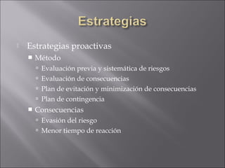    Estrategias proactivas
       Método
         Evaluación previa y sistemática de riesgos
         Evaluación de consecuencias
         Plan de evitación y minimización de consecuencias
         Plan de contingencia
       Consecuencias
         Evasión del riesgo
         Menor tiempo de reacción
 